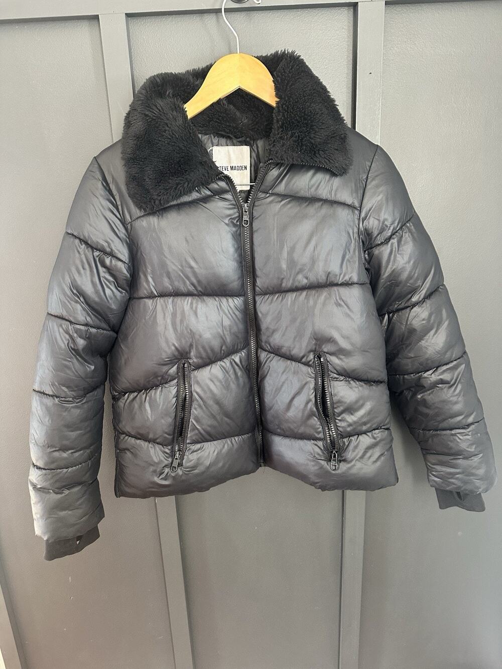 Girls Steve Madden Jacket Winter Coat Black with Faux Fur size Large (14/16)